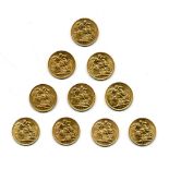 Gold: A collection of 10 Edward VII gold Sovereigns, 1902 (2), 1906, 1907 (5) & 1910 (2), all good.