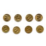 Gold: A cased set of 8 Victorian & Elizabeth II Gold Sovereigns, 1875, 1876, 1891, 1892, 1893,