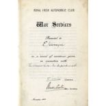 The Great War, 1914 - 1918: Royal Irish Automobile Club - War Services, 8vo D. Nov. 1919. Sole Edn.