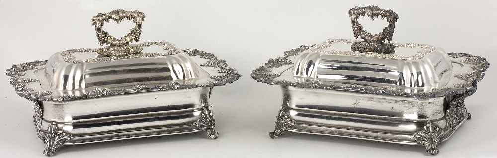 An extremely fine pair of unusual large silver plated Entree Dishes, Covers and Hot Water Stands,