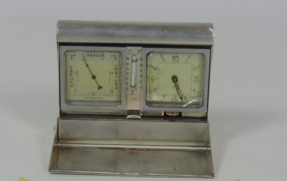 An unusual heavy Edwardian Birmingham silver Desk Companion, clock, barometer, etc.