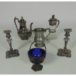 A cutglass Claret Jug, with heavy embossed plated mount; a Victorian plated Jam Bowl and handle,
