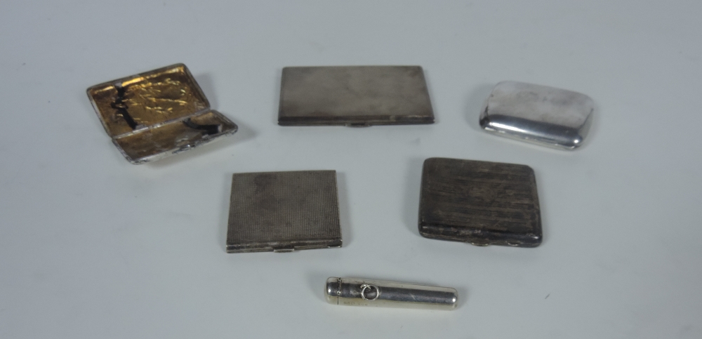 Five silver Cigarette Cases or Powder Compacts, and a small silver Case for a Cigarette Holder.