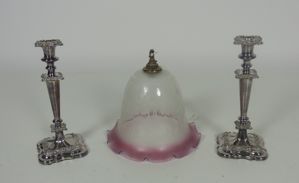 A pair of late 19th Century silver plated Candlesticks, approx.