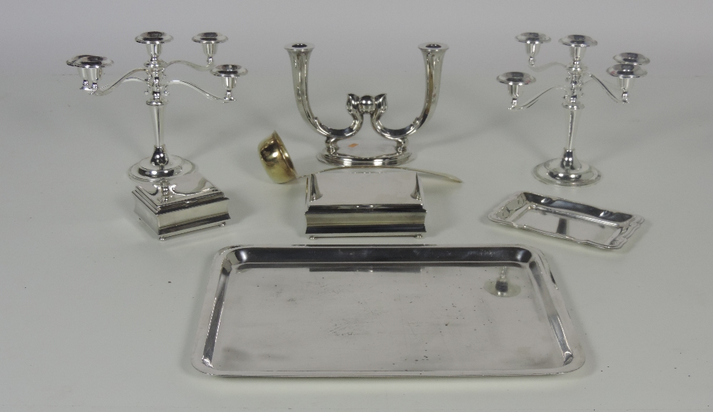 An attractive collection of silver Plateware, tray, boxes, butter and jam dish, candlesticks,