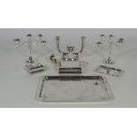 An attractive collection of silver Plateware, tray, boxes, butter and jam dish, candlesticks,