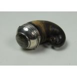 A good 19th Century Scottish silver mounted horn Snuff Mull, with inset agate stone on lid.