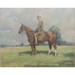 Nina Colmore, 1889 - 1973 "Gentleman in tweed jacket on a large bay horse standing in a landscape,