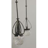 An unusual pair of Edwardian brass Gasoliers or Ceiling Lights, now converted to electricity,