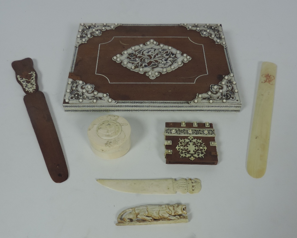 A 19th Century Vizagapatam style wooden Desk Set, with blotter pad, letter opener and box,