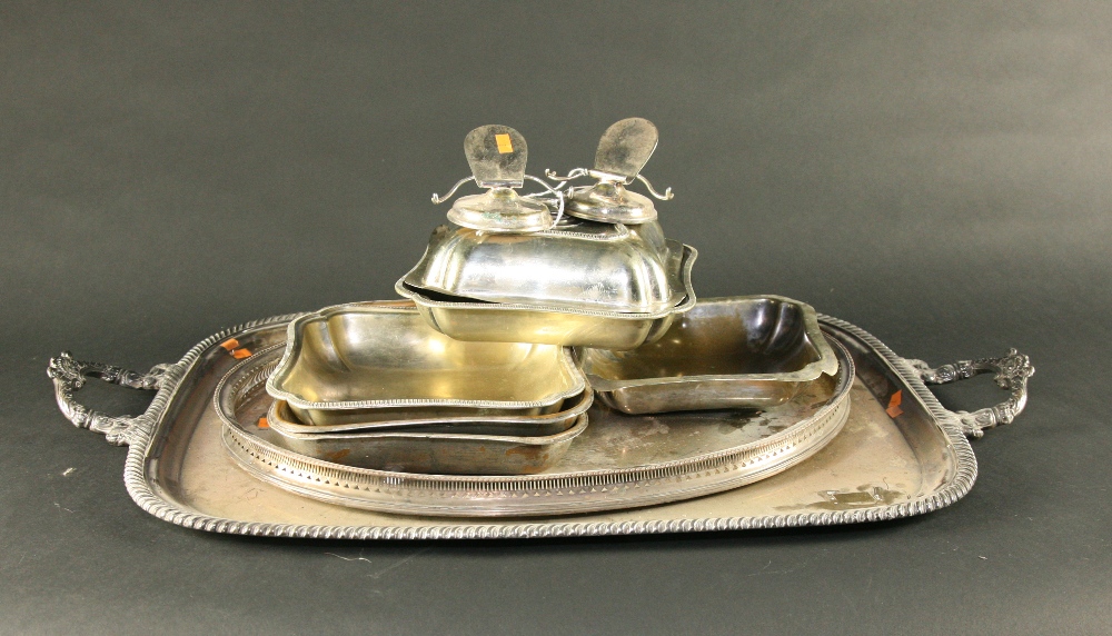 An early large two handled silver plated Tray, with heavy gadroon border and floral scroll handles, - Image 2 of 3