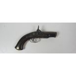 A small early 19th Century brass mounted mahogany and steel Percussion Pocket Pistol,