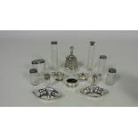 A silver mounted Glass Bell, a pair of pierced silver Bon Bon Dishes, some silver Condiments,