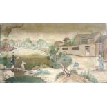 An early 19th Century Chinese watercolour, "Townscape with figures by a lake, mountains beyond,