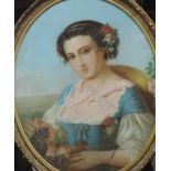 19th Century French School Pastel: A large half length Portrait of Young Girl in blue dress,