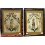 A fine attractive pair of early 19th Century embroidered Pictures, on silk, "Young Females,