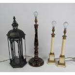 A pair of painted wooden Table lamps, a larger similar ditto with floral decoration,