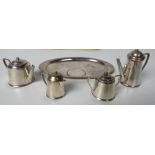 A miniature Birmingham silver Tea Service, teapot, coffee pot, sugar and cream, all with lids,