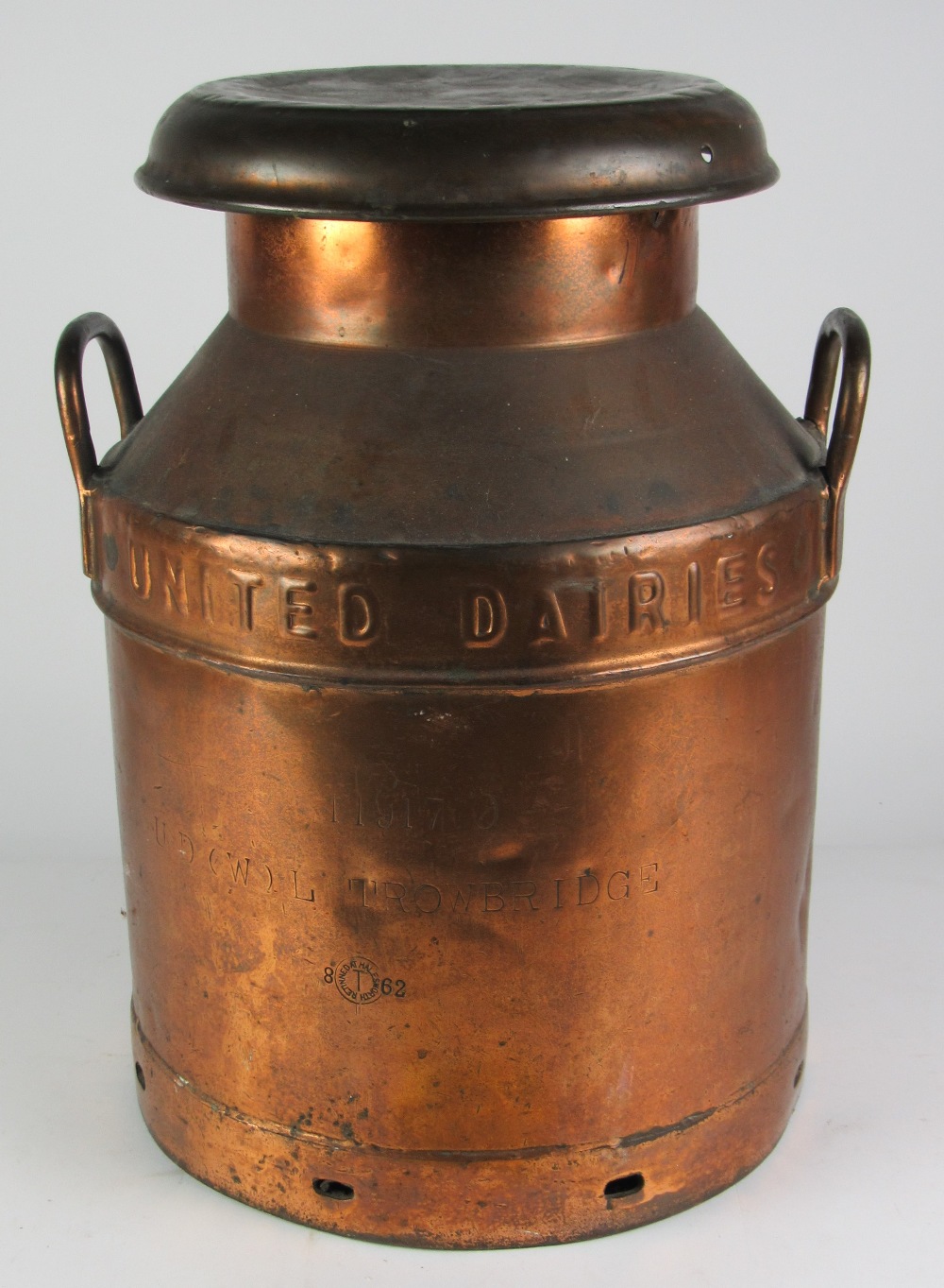 A small heavy copper 10 gls Milk Churn, for "Home Counties Dairies Ltd.