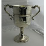 A large Birmingham silver two handled Trophy Cup, 25cms (10") tall, 21 1/2 ozs, c. 1860's.