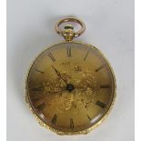 A very good small early 19th Century 18ct gold Watch, the engraved gold face with Roman numerals,