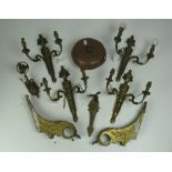 A set of 4 - two branch brass Wall Lights, a set of 4 19th Century ormolu Curtain Pole Brackets,