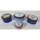 A collection of four small 19th Century Bilston enamel Patch Boxes, / Pill Boxes,