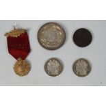 Group of five silver and bronze 19th Century French Religious Medals, in original boxes,