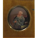 19th Century English School Miniature: "Portrait of Man seated by a Table holding a Glass,