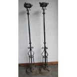 An unusual pair of 19th Century tall wrought iron Standard Lamp Holders,
