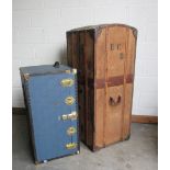 A late 19th Century tall leather bound canvas Trunk Wardrobe,