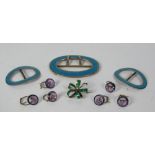 A set of 3 Birmingham silver and turquoise enamel Buckles,