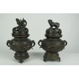 A pair of 19th Century bronze Censors, decorated with birds and foliage, and fish tail handles,