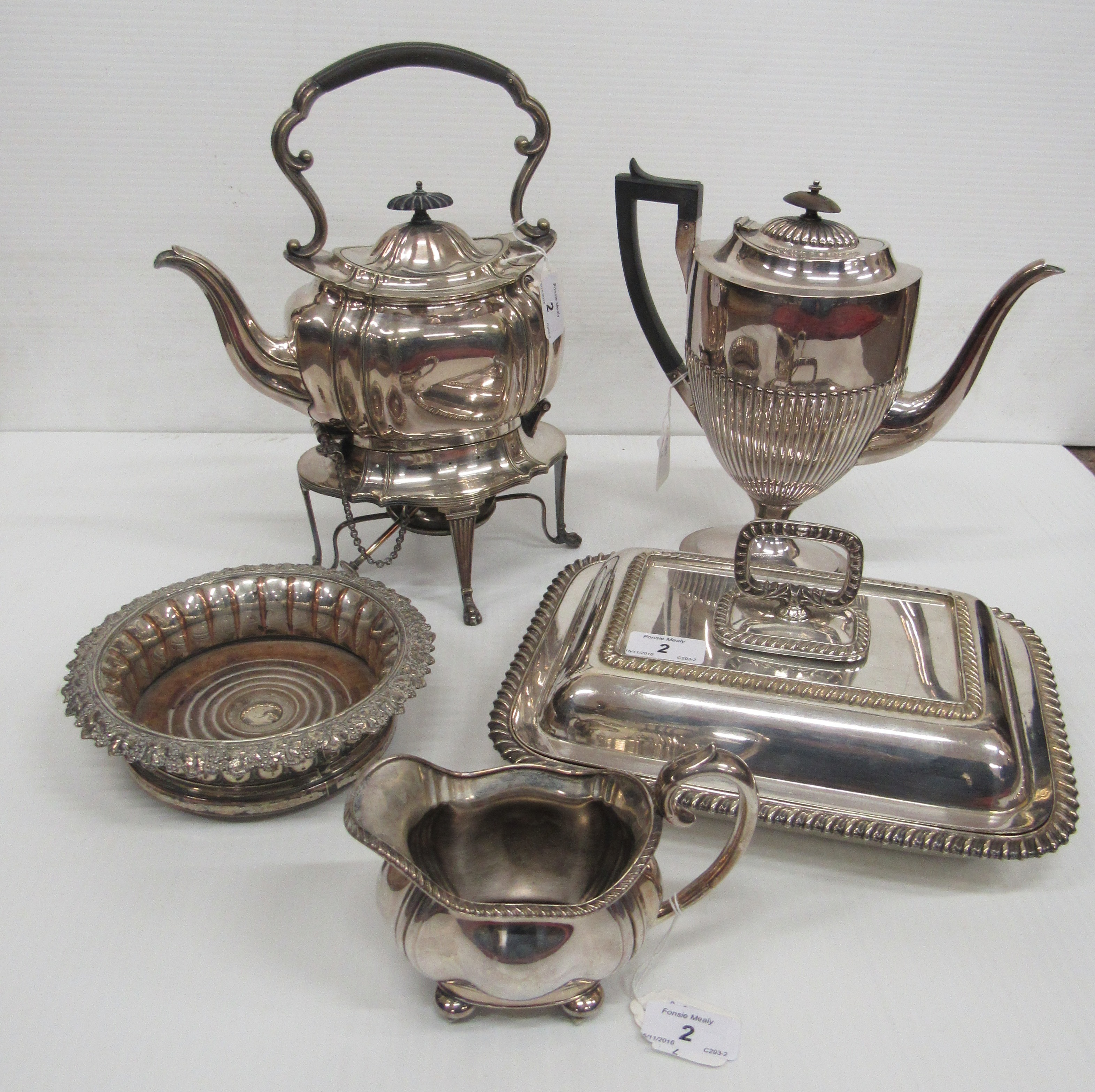 A pair of antique silver plated Entree Dishes, Covers and Handles, a plated 3 piece Tea Service,