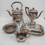 A pair of antique silver plated Entree Dishes, Covers and Handles, a plated 3 piece Tea Service,