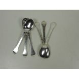 A rare set of 6 matching late George III Scottish rat-tail silver Dessert Spoons, by J.