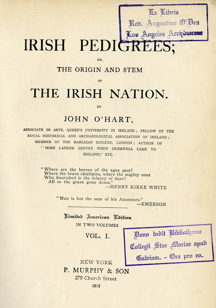 Genealogy: O'Hart (John) Irish Pedigrees; or The Origin and Stem of The Irish Nation, 2 vols. 4to N.