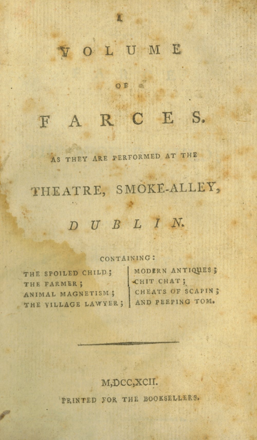 Irish Plays: A Volume of Farces, As they are Performed at the Theatre, Smoke-Alley, Dublin.