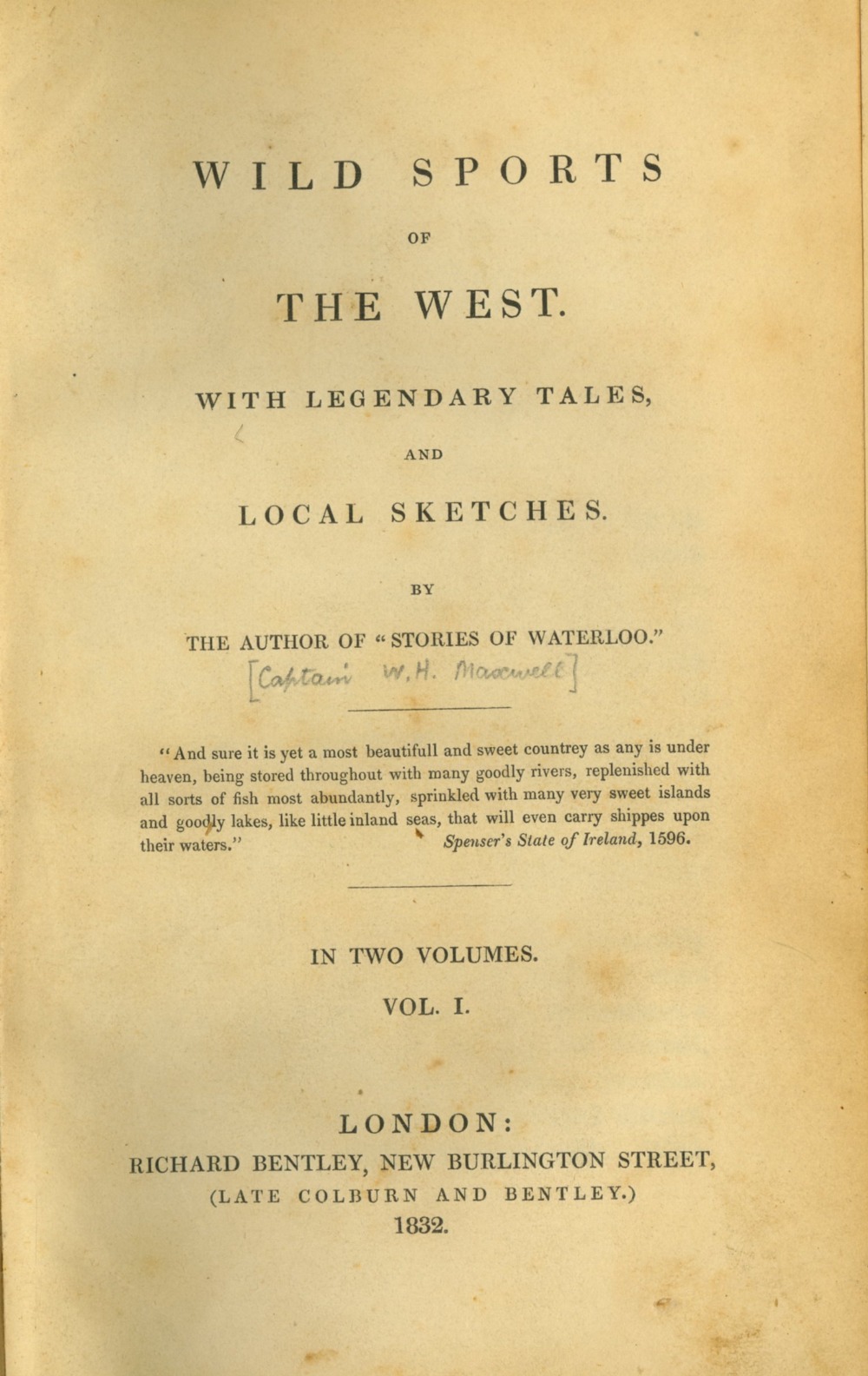 Maxwell (Capt. W.H.) Wild Sports of the West, 2 vols. 8vo L. 1832. First, 5 plts. & text illus.