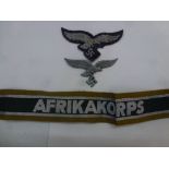 LUFTWAFFE CAP BADGE, PATCH AND AFRIKAKORPS ARMBAND