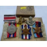 1939-45 WAR MEDAL, FRANCE AND GERMANY STAR AND THE 1939-45 STAR WITH 3 BADGES AND 2 BOOKS