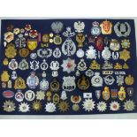 BOARD OF ASSORTED CAP BADGES INCLUDING POLICE