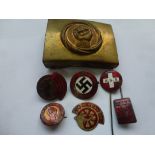 RFB BELT BUCKLE, PINS, KAMPFBUND GEGEN DEN FASCHISMUS PIN, NSDAP PARTY BADGE AND 2 OTHER PINS