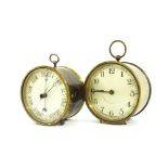 Brass drumhead clock timepiece, 5" high; together with a brass aneroid barometer clock timepiece,