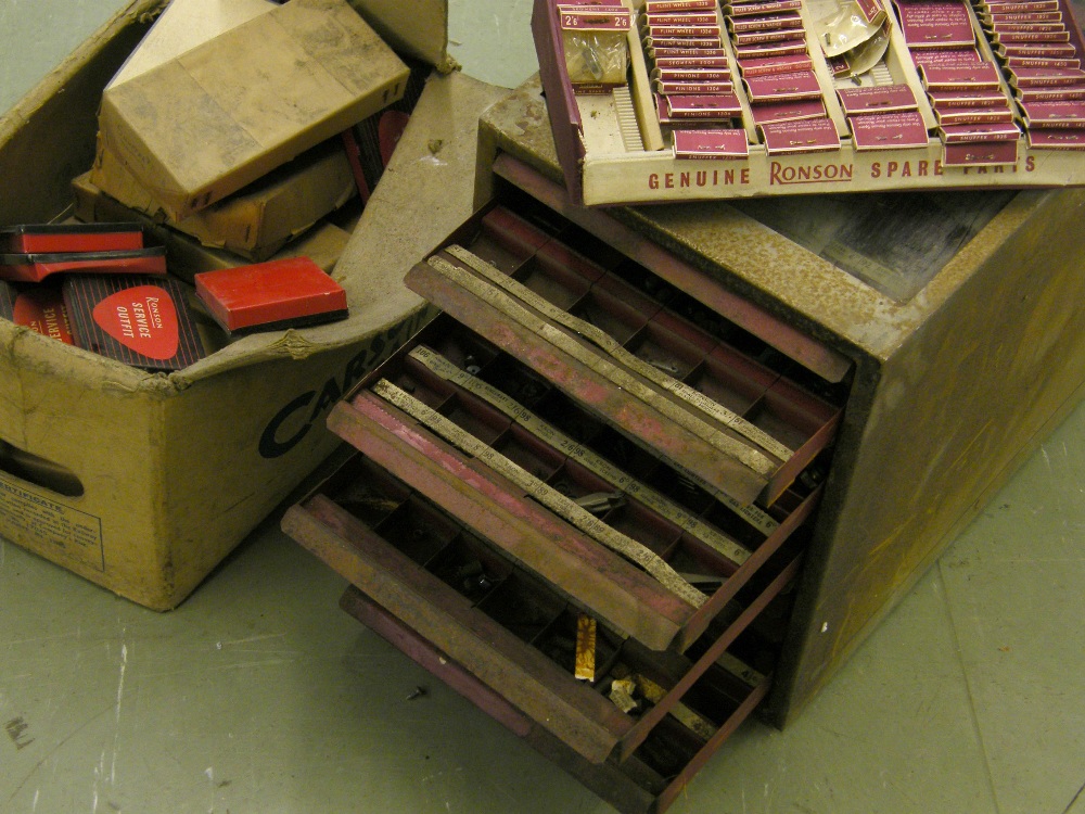 Vintage metal cabinet containing lighter spares including Ronson; together with a box containing - Image 2 of 2