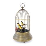 Replica birdcage automaton, with three singing birds within a domed wire cage, 12" high (a.f)