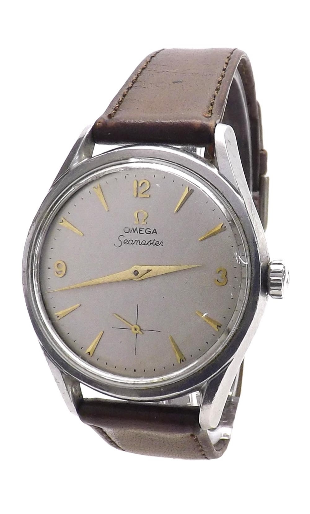 Omega Seamaster stainless steel gentleman's wristwatch, circa 1956, the silvered dial with Arabic