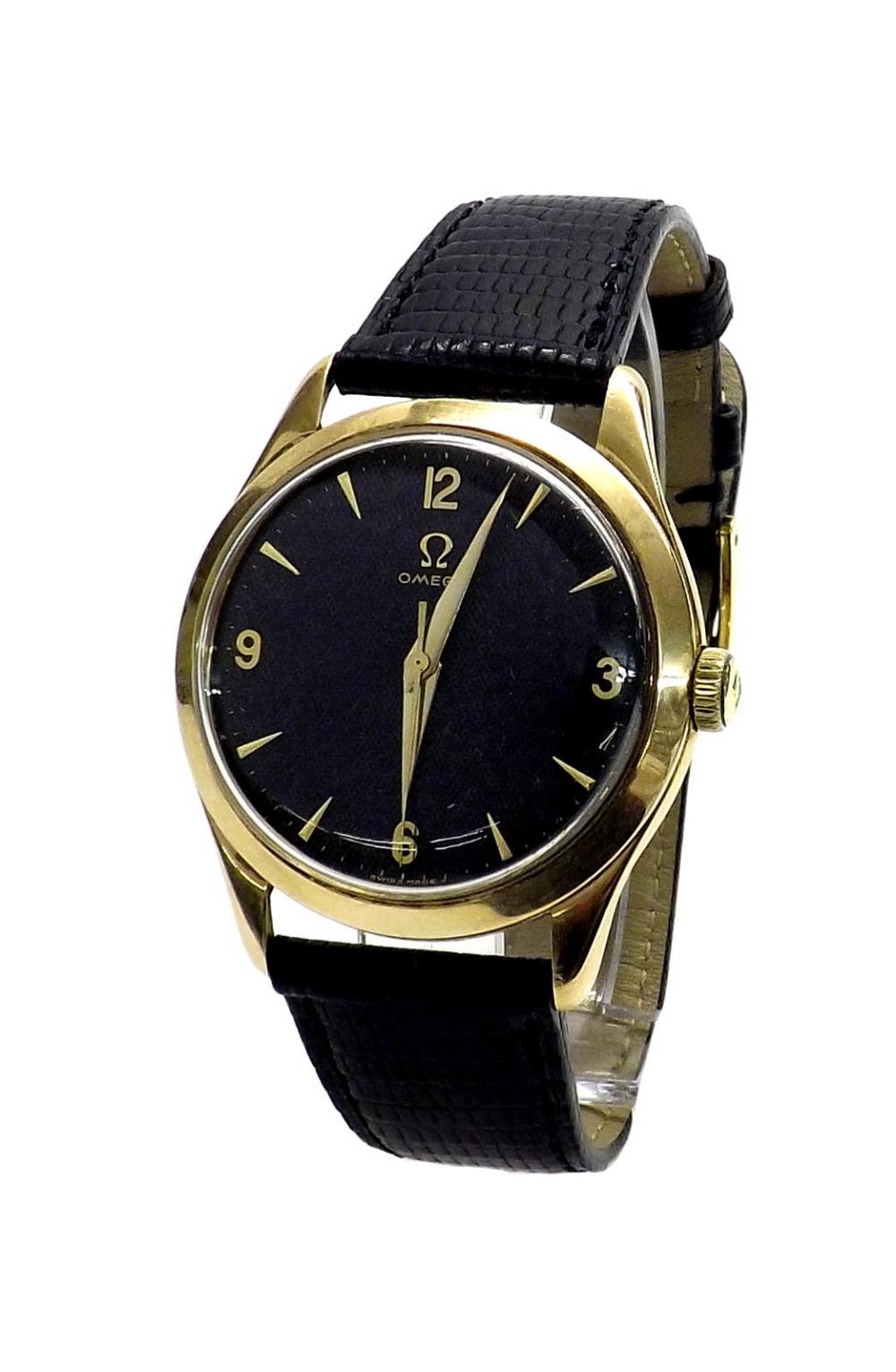 Omega 14k gentleman's wristwatch, circa 1950/51, ref. 2624, circular black honeycomb dial with