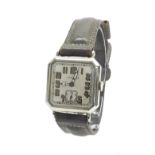 Longines 18k white gold gentleman's wristwatch, circa 1920s, signed square silvered dial with bold