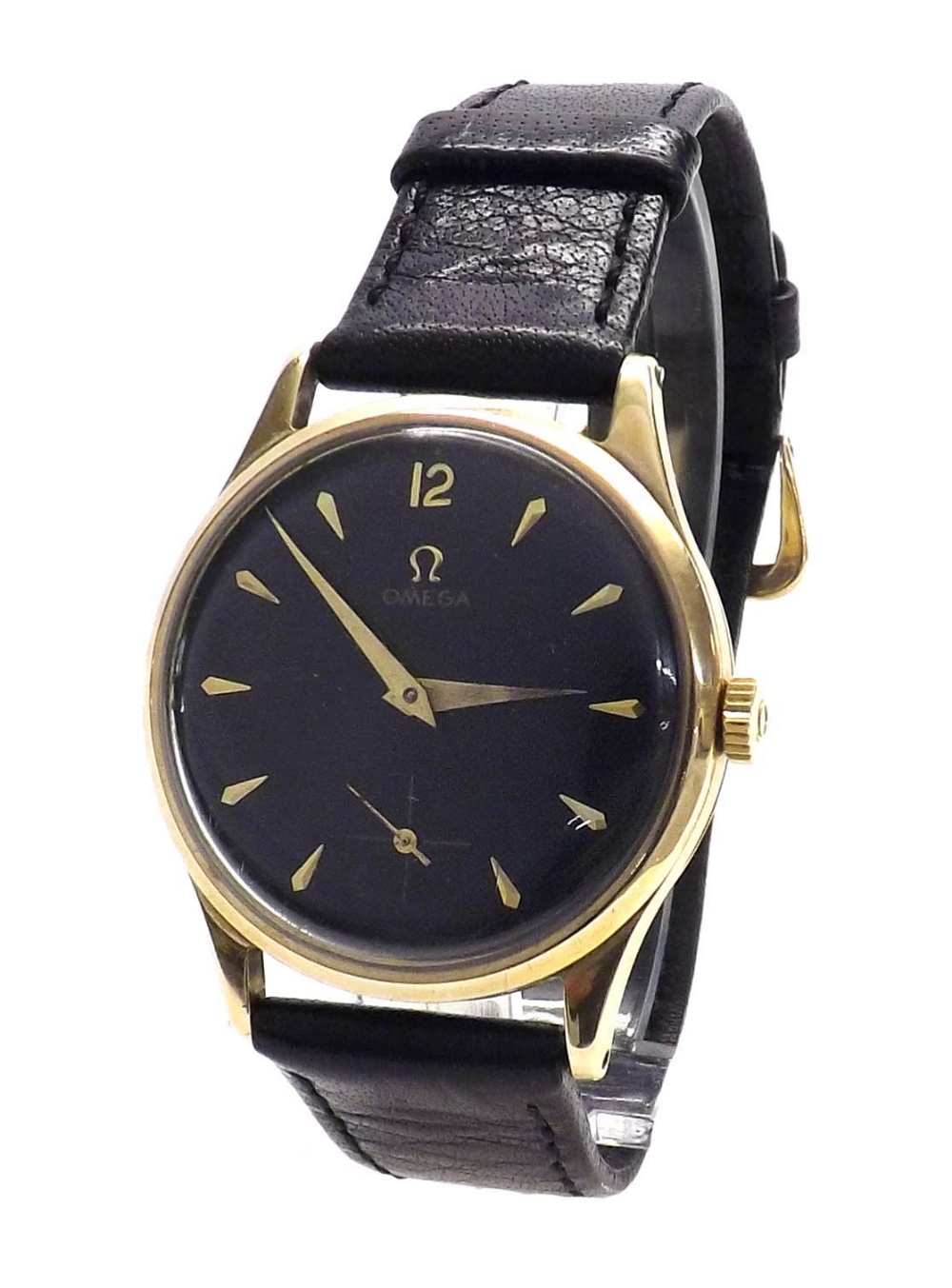 Omega 9ct gentleman's wristwatch, circa 1953, the black honeycomb dial with Arabic twelve, baton